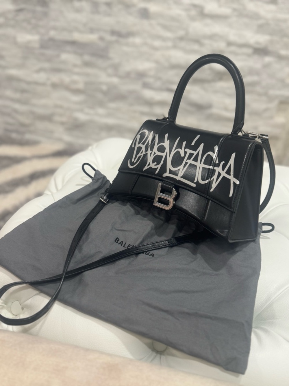 Balenciaga Black Leather Graffiti Hourglass Satchel - Picture 2 of 8